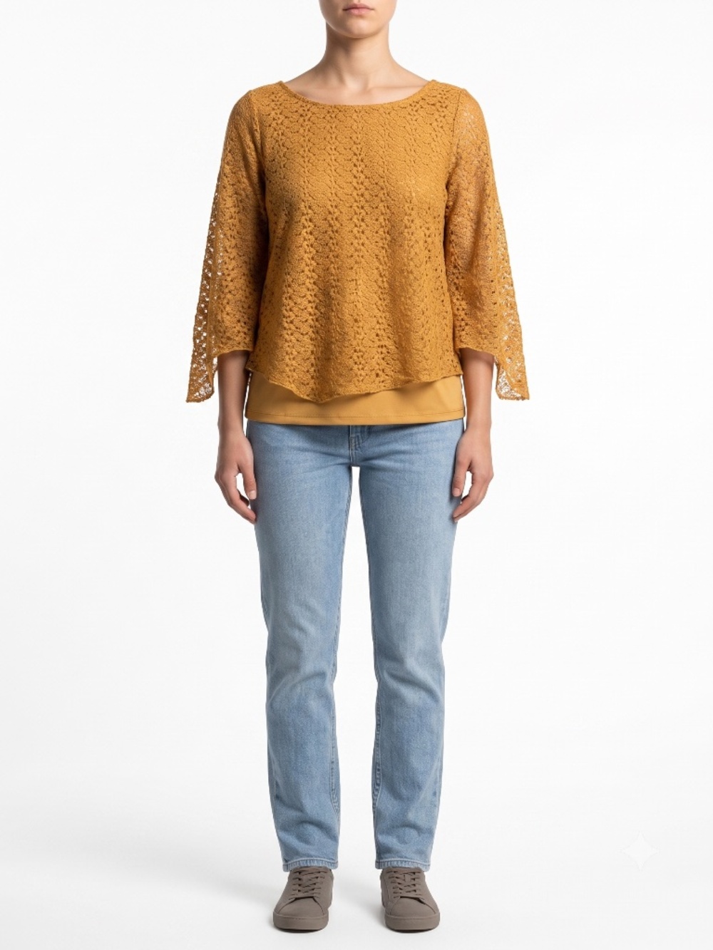 Ashley Blue Lace Blouse Large Mustard Yellow Bell Sleeve Layered Sheer Top